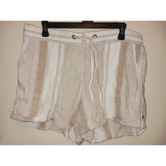 Per Se Women's Large Khaki Cream Stripe Shorts Drawstring And Pockets - Picture 1 of 3